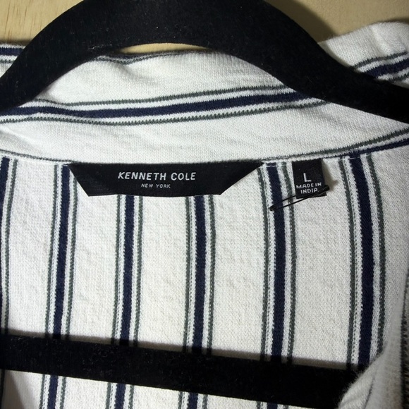 Kenneth Cole New York Men’s Striped Cotton Camp Shirt White Navy Size L Casual - Picture 4 of 9